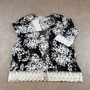 OSO Casuals 3/4 Sleeve Open Front Black/White Floral Lace Beach Top Size M NWOT